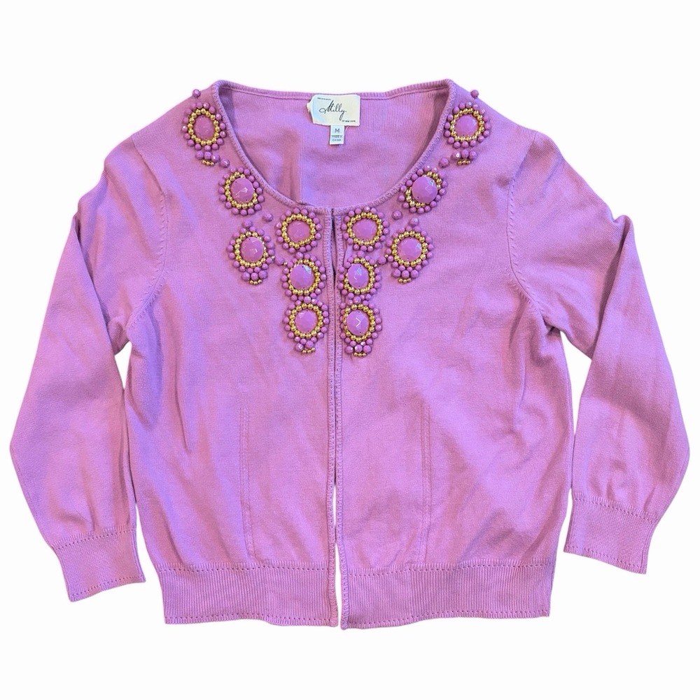MILLY Embellished Cardigan Sweater Purple Lilac Sz M BLAIR WALDORF Gossip Girl